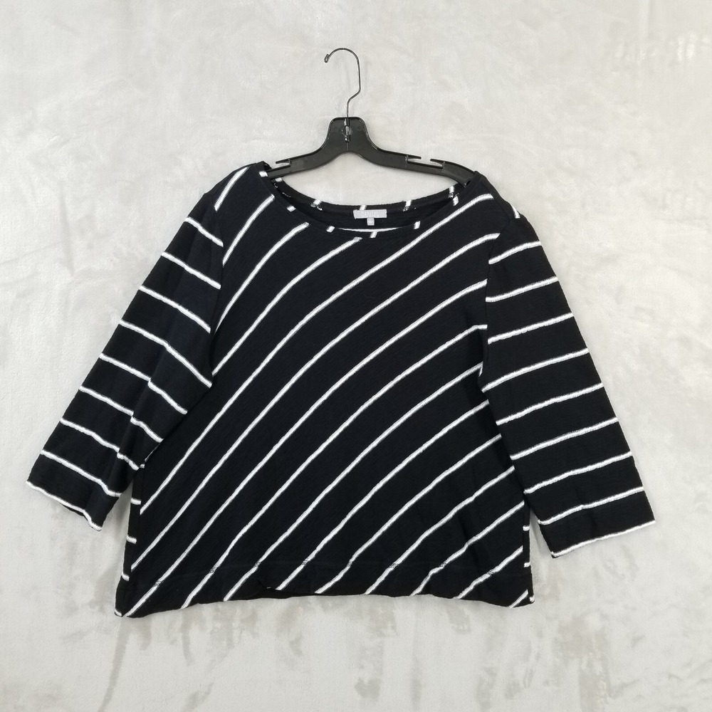 Habitat Sweater Women L Black Striped Asymmetrical‎ 100% Cotton Relaxed Casual